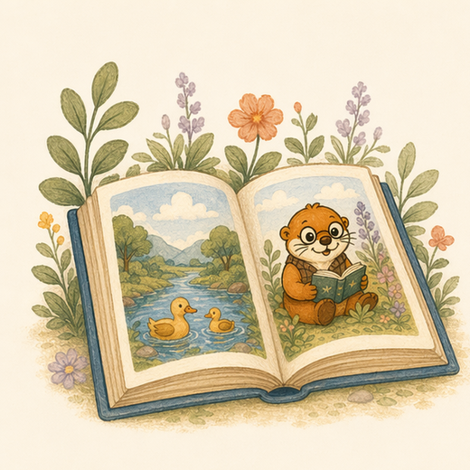 Open storybook with small plants