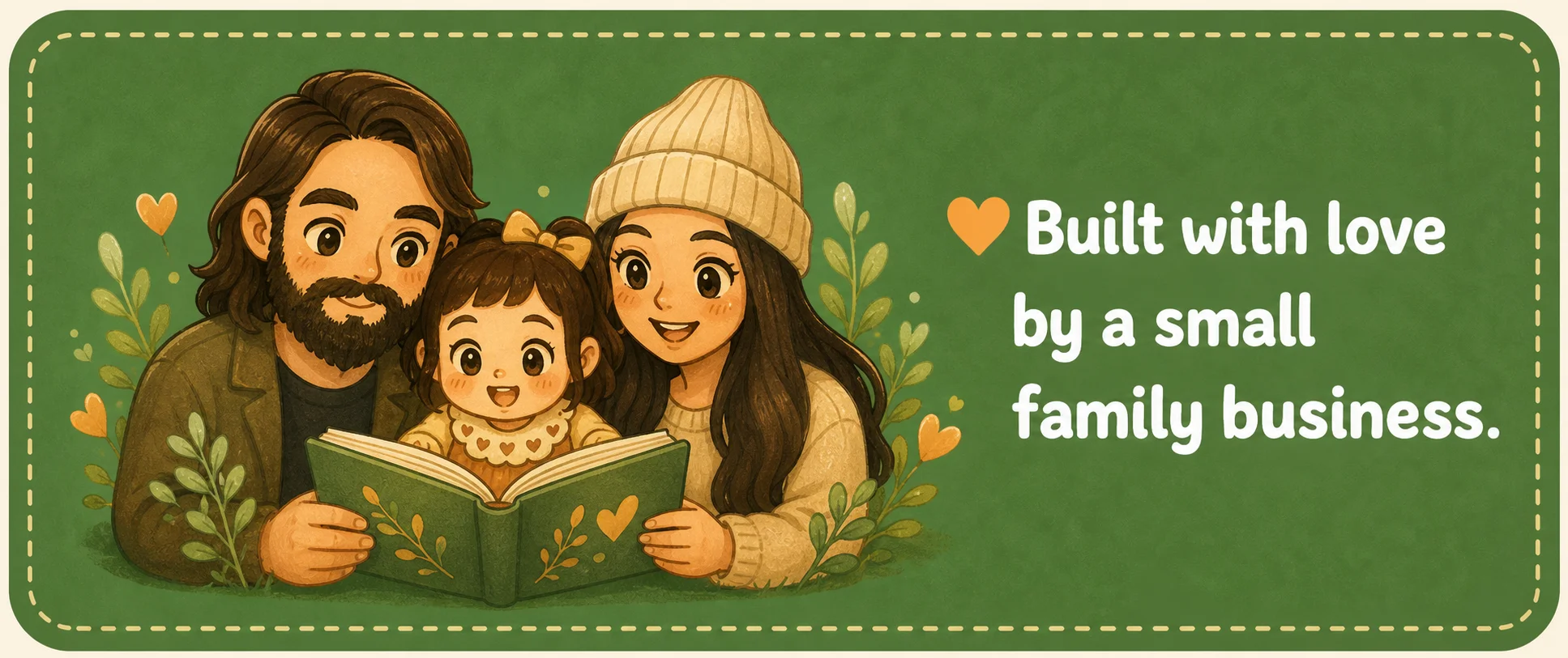 Family reading together with Built with love by a small family business message