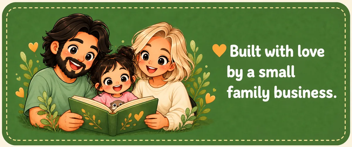 Family reading together with Built with love by a small family business message