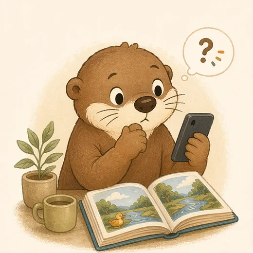 Brown otter parent checking pronunciation beside an open book